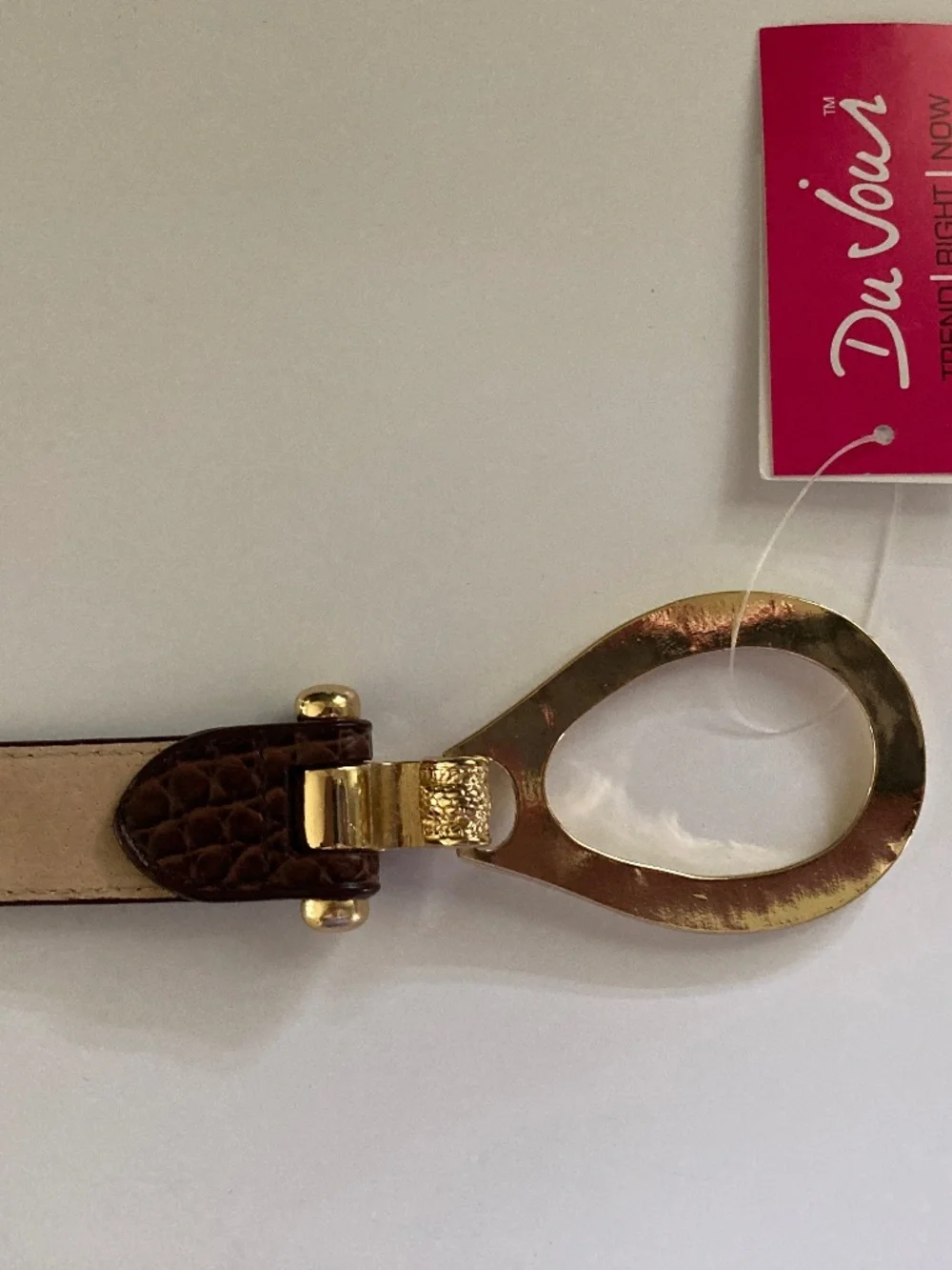 DuJour Brown Croco Embossed Skinny Belt/Gold Tone Oval Buckle/M/L/24-39